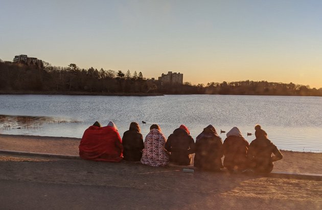 BC students at Chestnut Hill Reservoir at sunrise