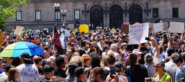 Wayfair workers walking into Copley Square