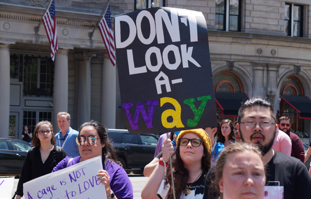 Wayfair workers walking into Copley Square