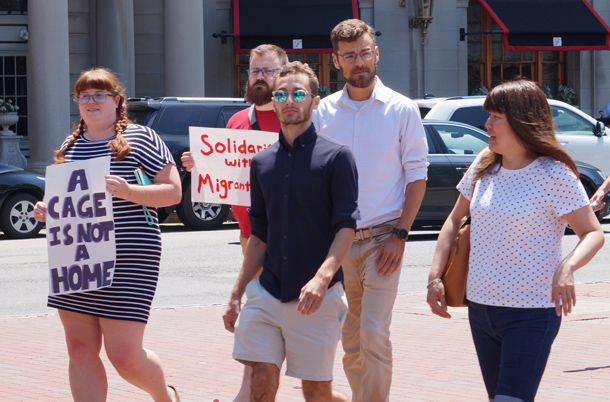 Wayfair workers walking into Copley Square