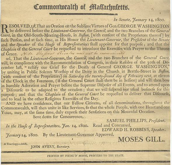 Declaration of a day of oration for George Washington in Boston