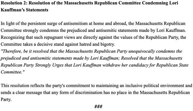 Statement by Mass GOP condemning Kauffman and urging her to withdraw