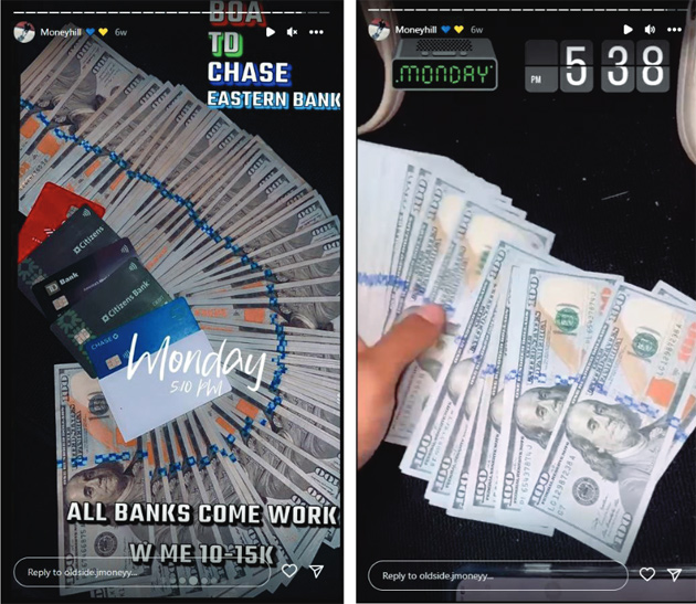 Instagram screen captures showing lots of cash